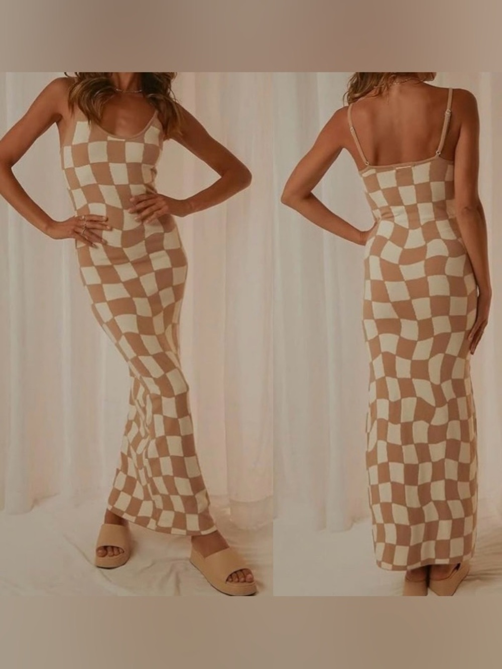 Sweater Dress Checkered Checkerboard Maxi Brown Cream White Fall Boho Cozy Small
